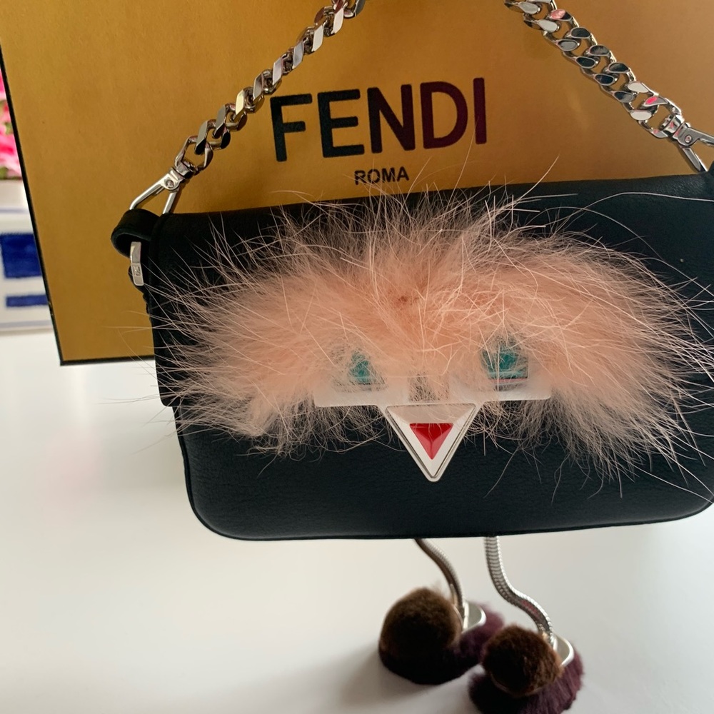 Fendi Micro Baguette Bug Bag With Fluffy Feet Plush Fox Fur Around The Eyes